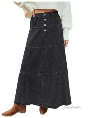 Women's Casual Denim Maxi Skirt High Waist Tiered A-Line Long Jean Skirt